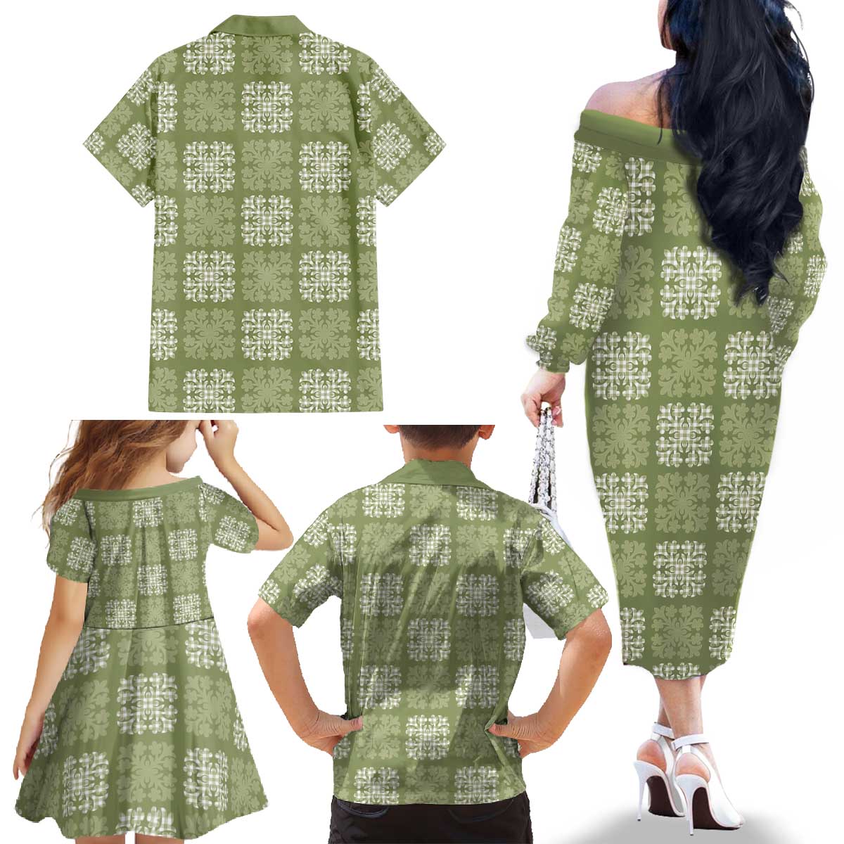 Vesuvian Green Palaka Quilt Hawaii Family Matching Off The Shoulder Long Sleeve Dress and Hawaiian Shirt Traditional Hawaii-plaid Pattern LT14 - Polynesian Pride
