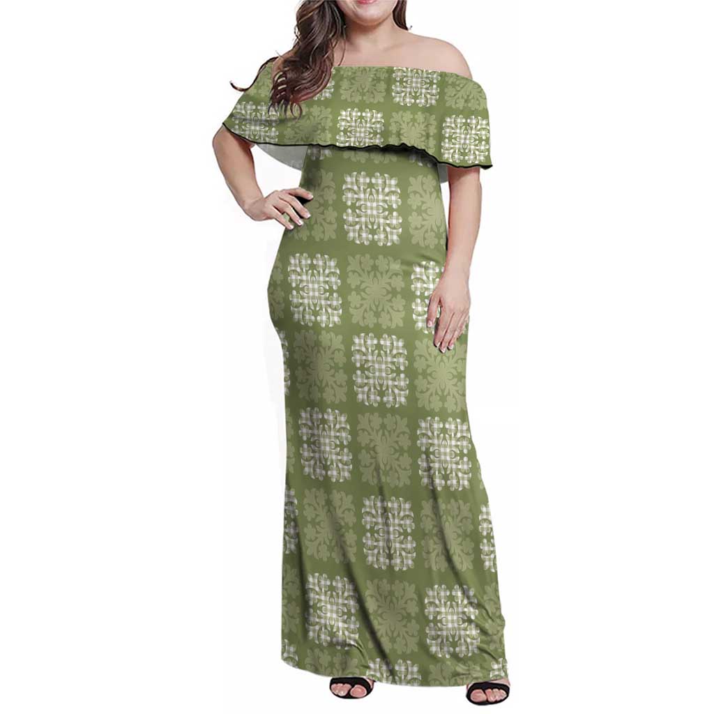 Vesuvian Green Palaka Quilt Hawaii Family Matching Off Shoulder Maxi Dress and Hawaiian Shirt Traditional Hawaii-plaid Pattern LT14 Mom's Dress Vesuvian Green - Polynesian Pride