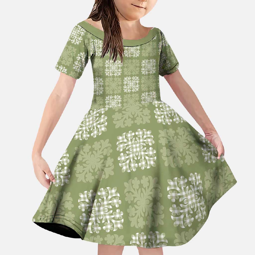 Vesuvian Green Palaka Quilt Hawaii Family Matching Short Sleeve Bodycon Dress and Hawaiian Shirt Traditional Hawaii-plaid Pattern LT14 Daughter's Dress Vesuvian Green - Polynesian Pride