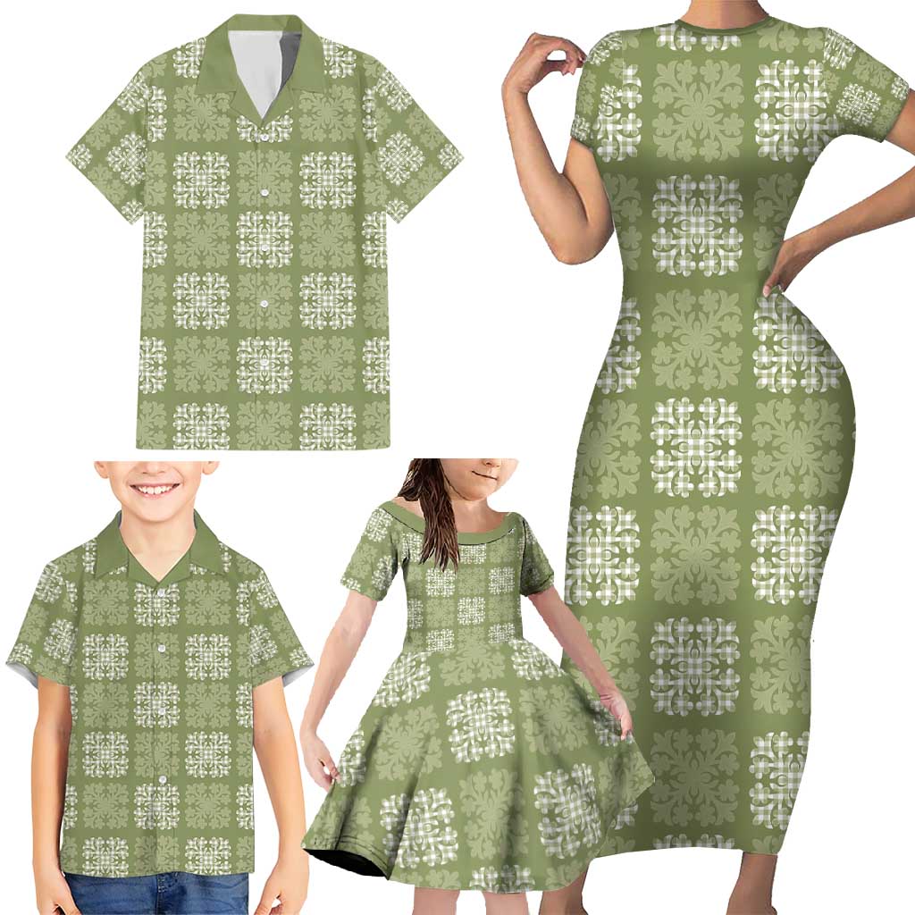 Vesuvian Green Palaka Quilt Hawaii Family Matching Short Sleeve Bodycon Dress and Hawaiian Shirt Traditional Hawaii-plaid Pattern LT14 - Polynesian Pride