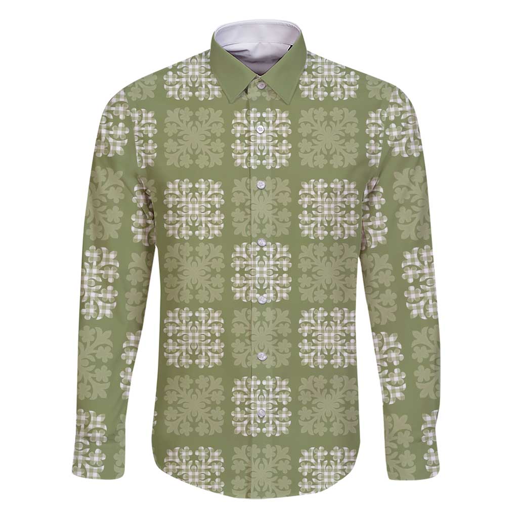 Vesuvian Green Palaka Quilt Hawaii Family Matching Short Sleeve Bodycon Dress and Hawaiian Shirt Traditional Hawaii-plaid Pattern LT14 Dad's Shirt - Long Sleeve Vesuvian Green - Polynesian Pride