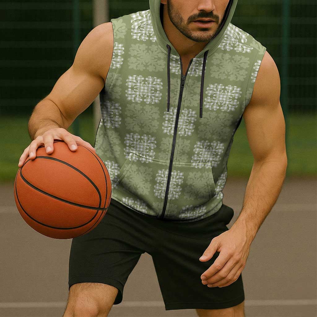 Vesuvian Green Palaka Quilt Hawaii Sleeveless Zip Hoodie Traditional Hawaii-plaid Pattern - Polynesian Pride