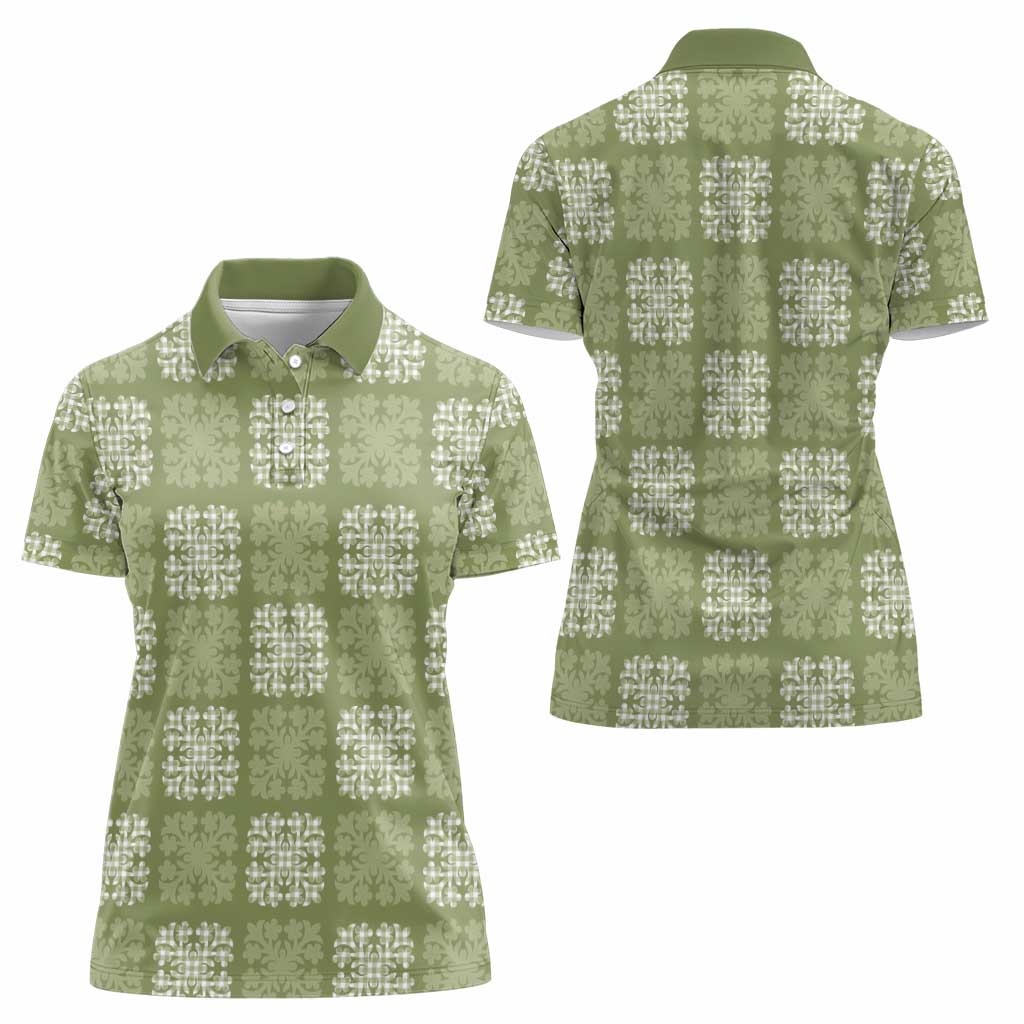 Vesuvian Green Palaka Quilt Hawaii Women Polo Shirt Traditional Hawaii-plaid Pattern - Polynesian Pride