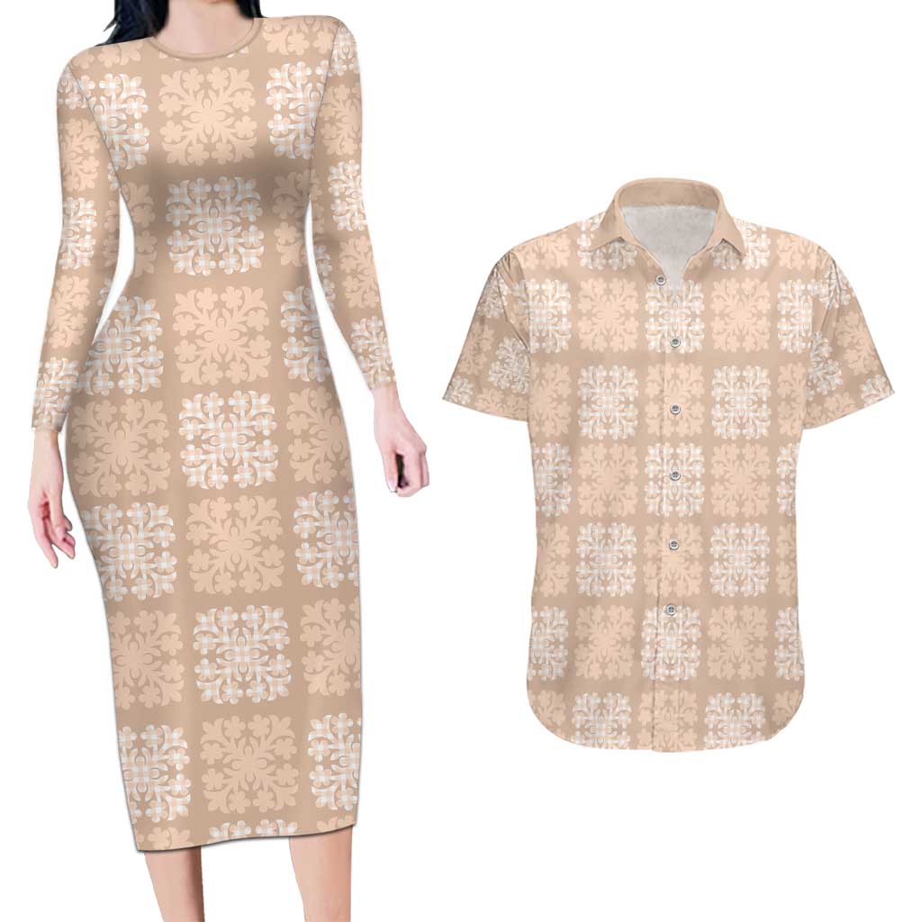 Beige Palaka Quilt Hawaii Couples Matching Long Sleeve Bodycon Dress and Hawaiian Shirt Traditional Hawaii-plaid Pattern LT14 Beige - Polynesian Pride