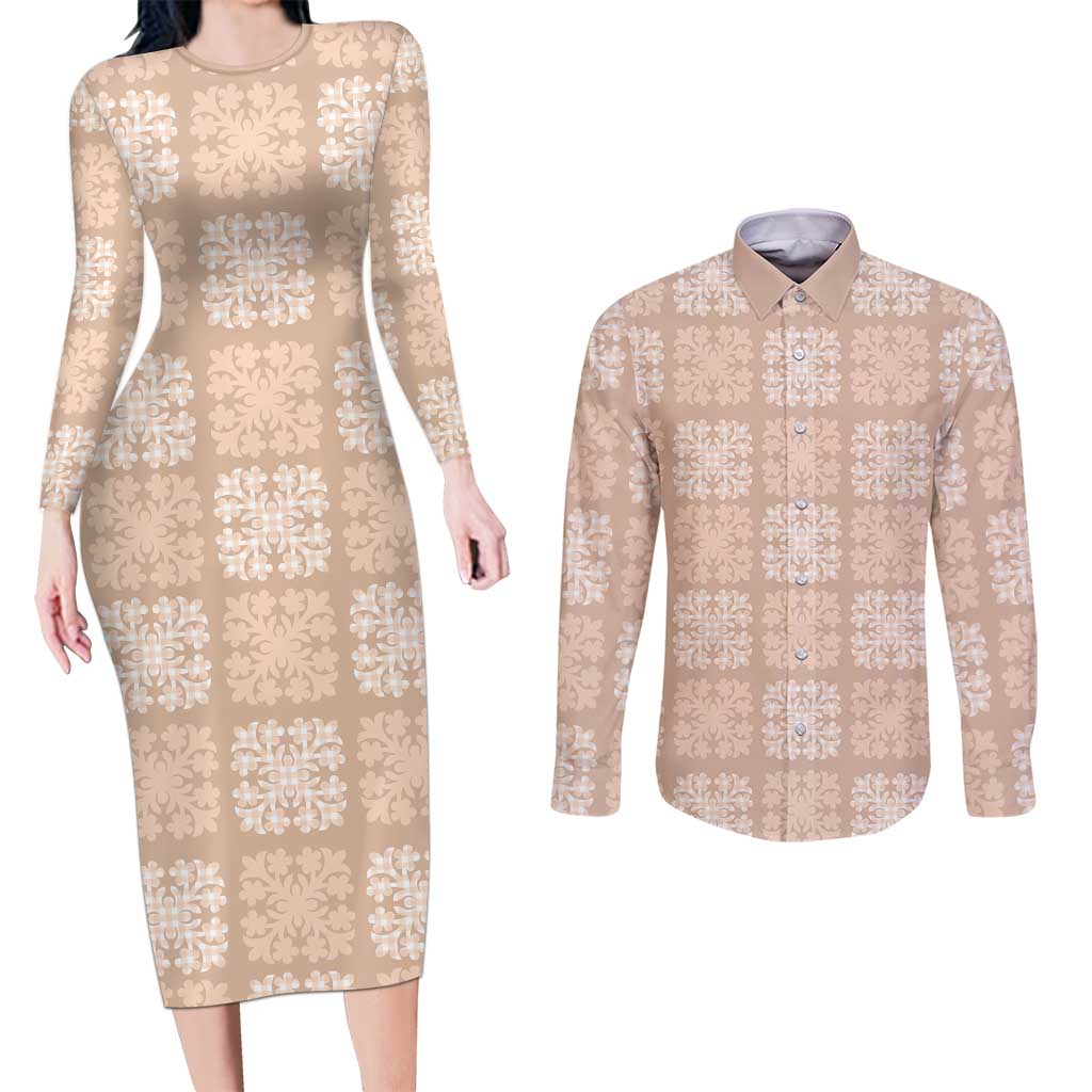 Beige Palaka Quilt Hawaii Couples Matching Long Sleeve Bodycon Dress and Long Sleeve Button Shirt Traditional Hawaii-plaid Pattern LT14 Beige - Polynesian Pride
