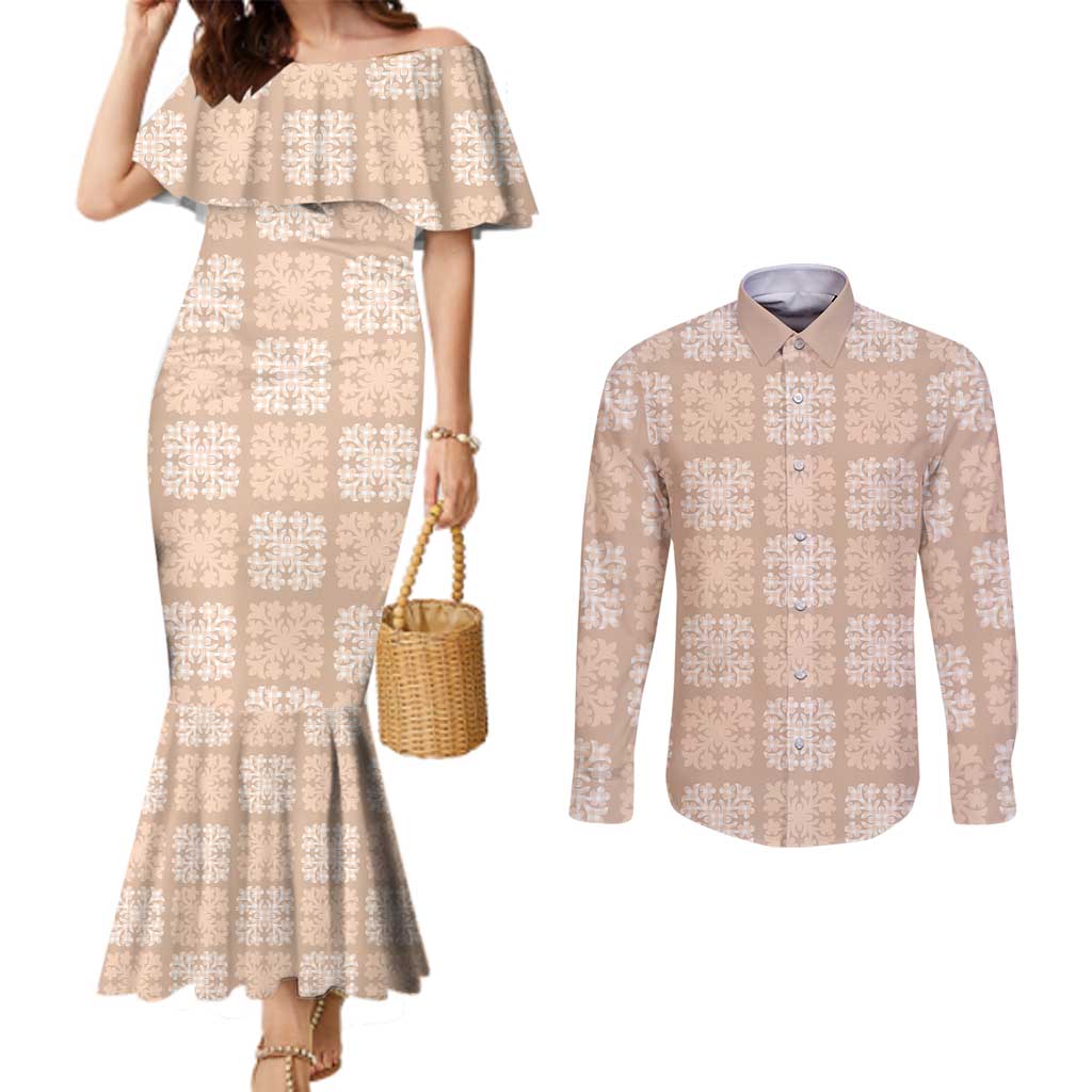 Beige Palaka Quilt Hawaii Couples Matching Mermaid Dress and Long Sleeve Button Shirt Traditional Hawaii-plaid Pattern - Polynesian Pride