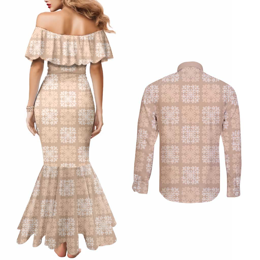 Beige Palaka Quilt Hawaii Couples Matching Mermaid Dress and Long Sleeve Button Shirt Traditional Hawaii-plaid Pattern - Polynesian Pride