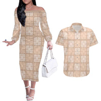 Beige Palaka Quilt Hawaii Couples Matching Off The Shoulder Long Sleeve Dress and Hawaiian Shirt Traditional Hawaii-plaid Pattern LT14 Beige - Polynesian Pride