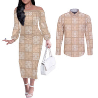 Beige Palaka Quilt Hawaii Couples Matching Off The Shoulder Long Sleeve Dress and Long Sleeve Button Shirt Traditional Hawaii-plaid Pattern LT14 Beige - Polynesian Pride