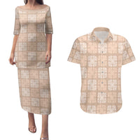 Beige Palaka Quilt Hawaii Couples Matching Puletasi and Hawaiian Shirt Traditional Hawaii-plaid Pattern - Polynesian Pride
