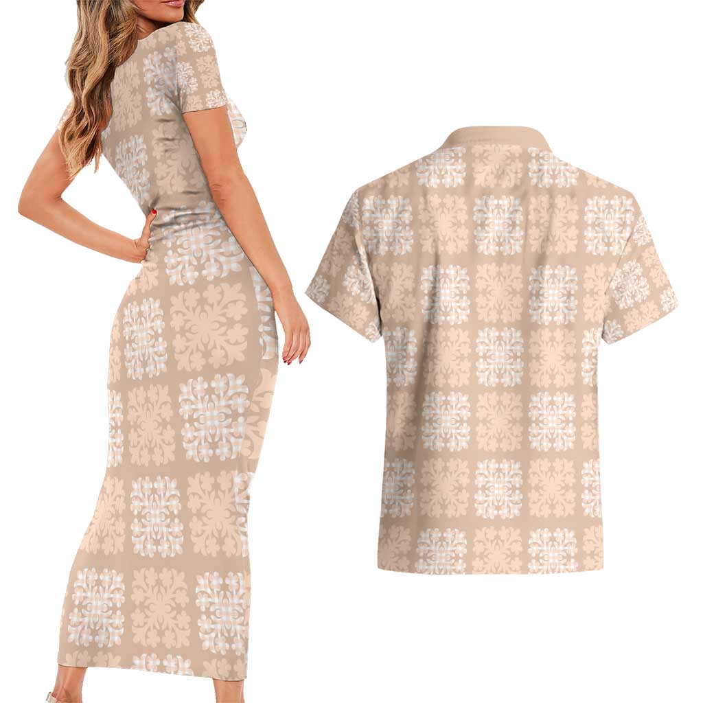 Beige Palaka Quilt Hawaii Couples Matching Short Sleeve Bodycon Dress and Hawaiian Shirt Traditional Hawaii-plaid Pattern LT14 - Polynesian Pride