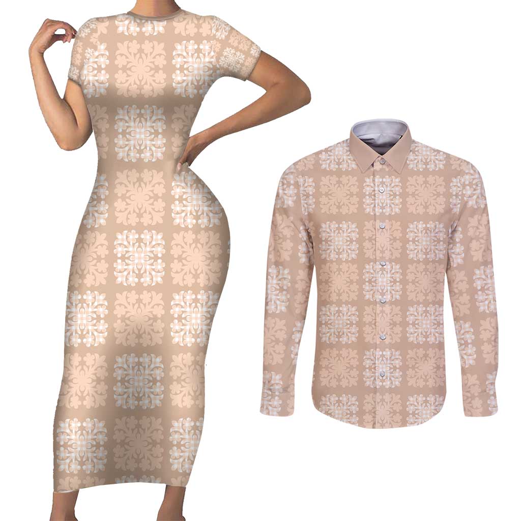Beige Palaka Quilt Hawaii Couples Matching Short Sleeve Bodycon Dress and Long Sleeve Button Shirt Traditional Hawaii-plaid Pattern LT14 Beige - Polynesian Pride