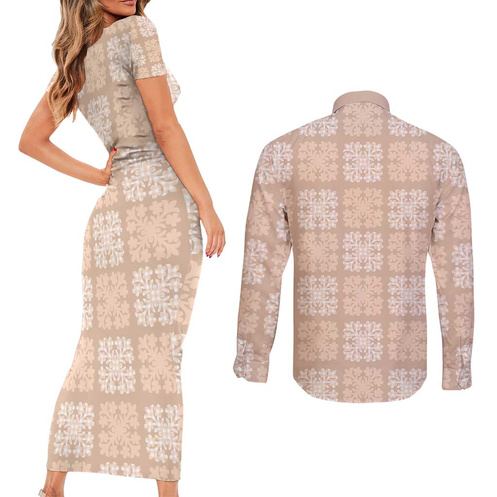 Beige Palaka Quilt Hawaii Couples Matching Short Sleeve Bodycon Dress and Long Sleeve Button Shirt Traditional Hawaii-plaid Pattern LT14 - Polynesian Pride