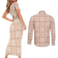Beige Palaka Quilt Hawaii Couples Matching Short Sleeve Bodycon Dress and Long Sleeve Button Shirt Traditional Hawaii-plaid Pattern LT14 - Polynesian Pride