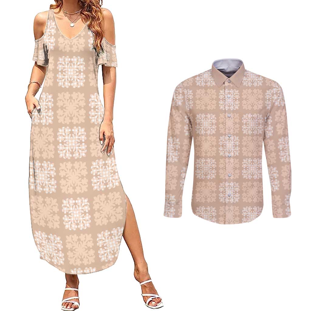 Beige Palaka Quilt Hawaii Couples Matching Summer Maxi Dress and Long Sleeve Button Shirt Traditional Hawaii-plaid Pattern - Polynesian Pride