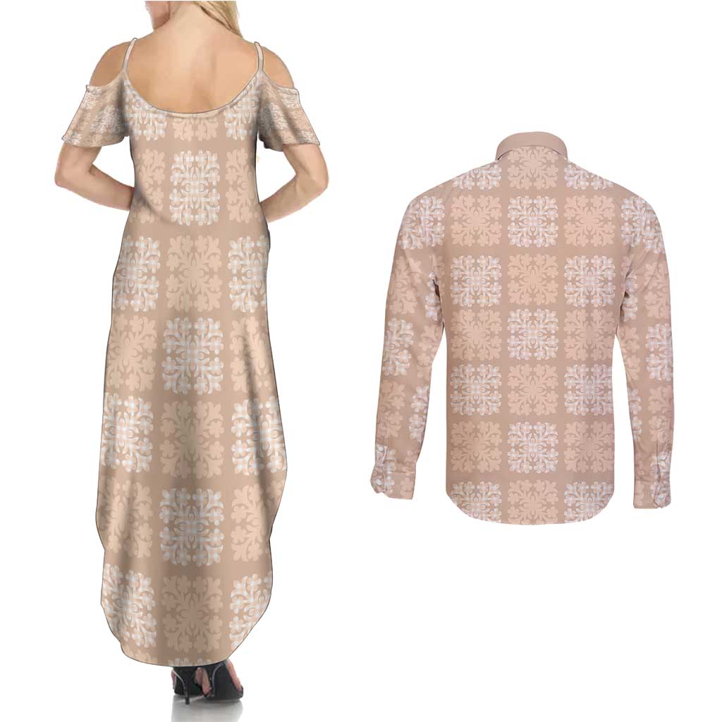 Beige Palaka Quilt Hawaii Couples Matching Summer Maxi Dress and Long Sleeve Button Shirt Traditional Hawaii-plaid Pattern LT14 - Polynesian Pride