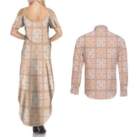 Beige Palaka Quilt Hawaii Couples Matching Summer Maxi Dress and Long Sleeve Button Shirt Traditional Hawaii-plaid Pattern LT14 - Polynesian Pride