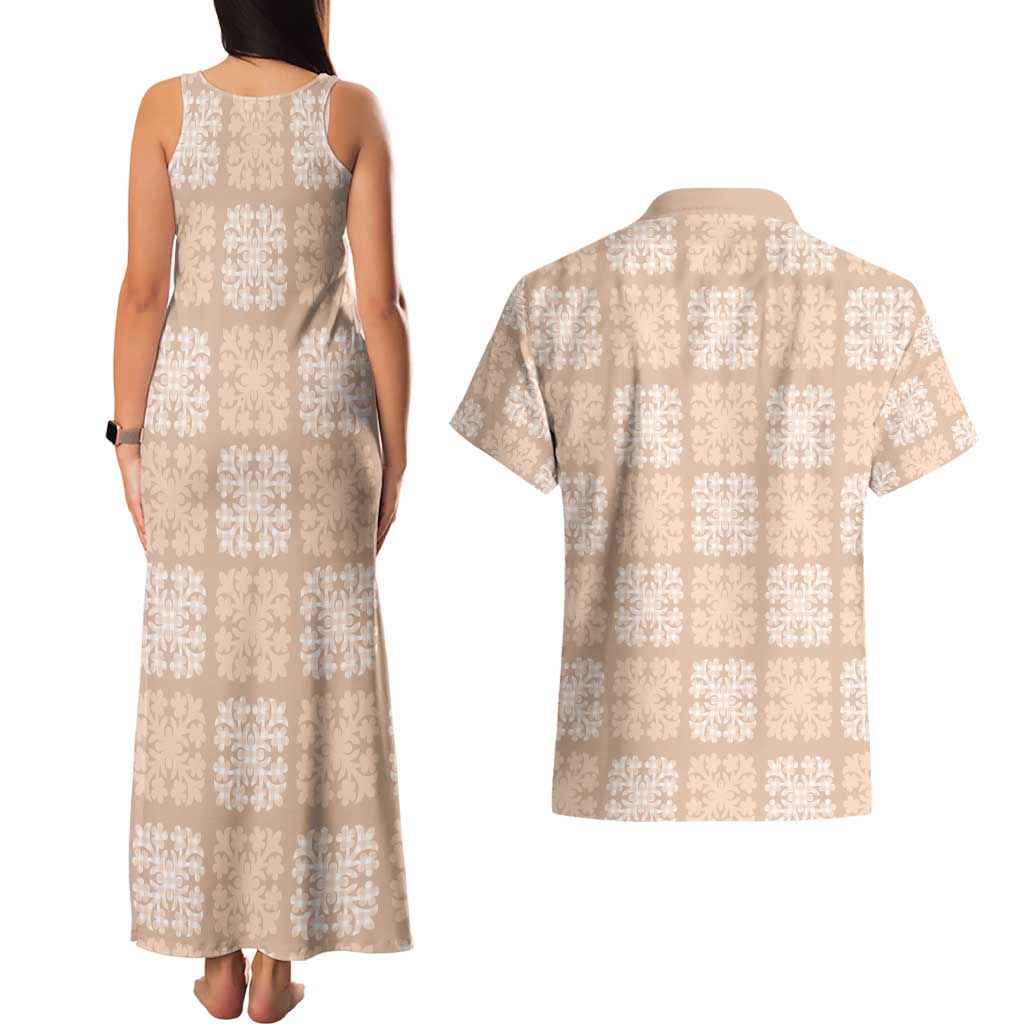 Beige Palaka Quilt Hawaii Couples Matching Tank Maxi Dress and Hawaiian Shirt Traditional Hawaii-plaid Pattern - Polynesian Pride