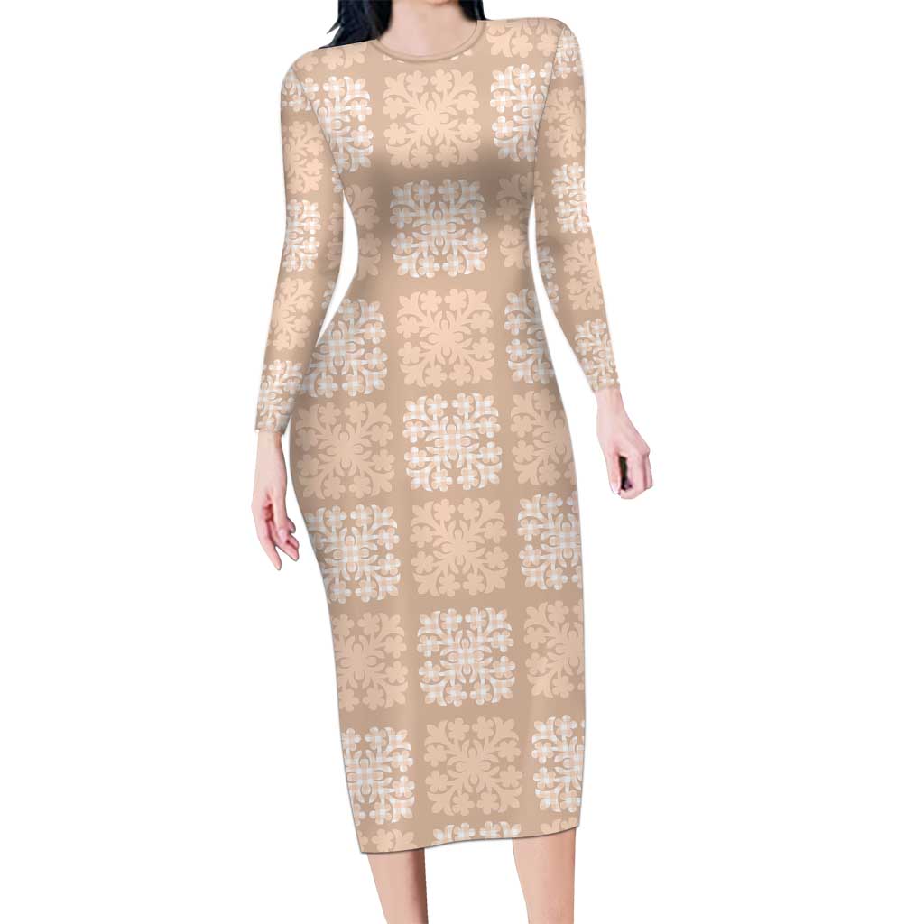 Beige Palaka Quilt Hawaii Family Matching Long Sleeve Bodycon Dress and Hawaiian Shirt Traditional Hawaii-plaid Pattern LT14 Mom's Dress Beige - Polynesian Pride