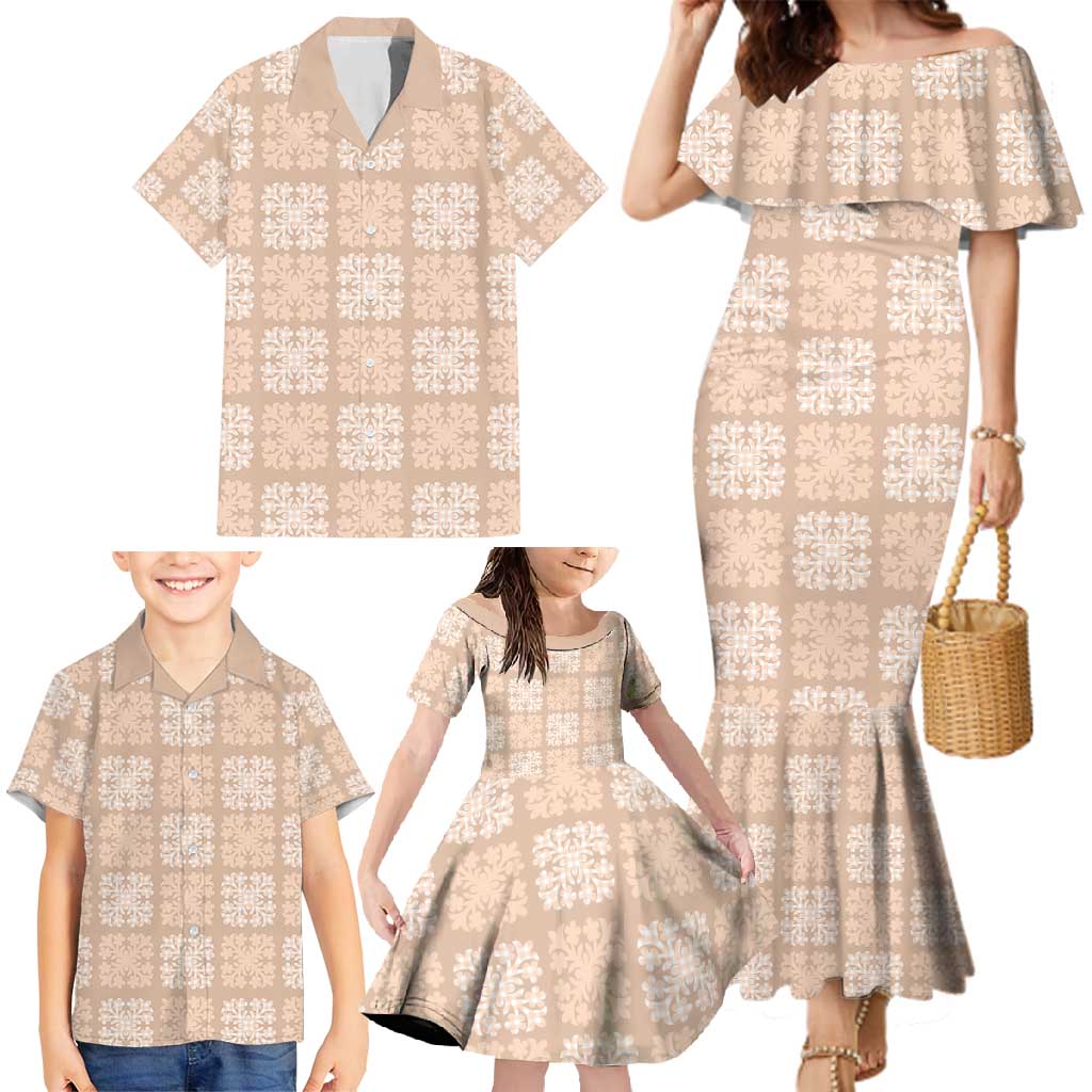 Beige Palaka Quilt Hawaii Family Matching Mermaid Dress and Hawaiian Shirt Traditional Hawaii-plaid Pattern - Polynesian Pride