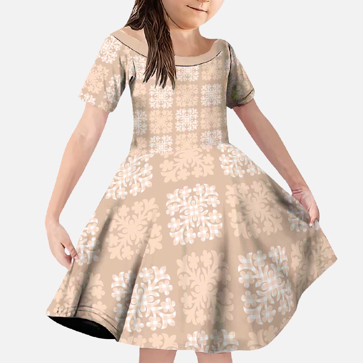 Beige Palaka Quilt Hawaii Family Matching Off The Shoulder Long Sleeve Dress and Hawaiian Shirt Traditional Hawaii-plaid Pattern LT14 Daughter's Dress Beige - Polynesian Pride