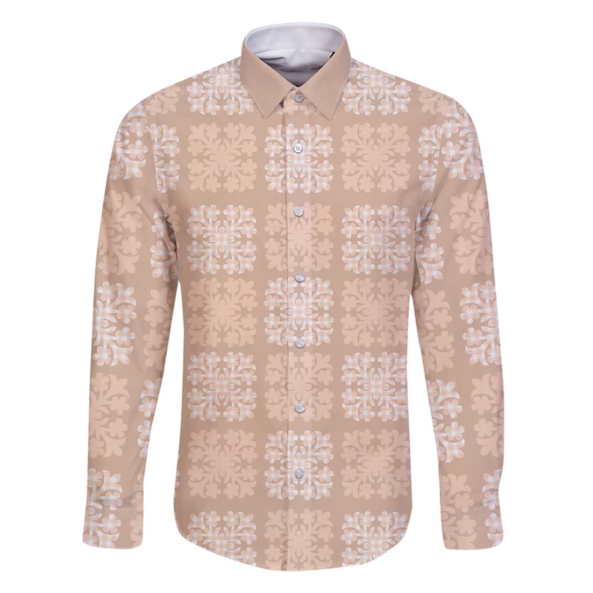 Beige Palaka Quilt Hawaii Family Matching Off The Shoulder Long Sleeve Dress and Hawaiian Shirt Traditional Hawaii-plaid Pattern LT14 Dad's Shirt - Long Sleeve Beige - Polynesian Pride