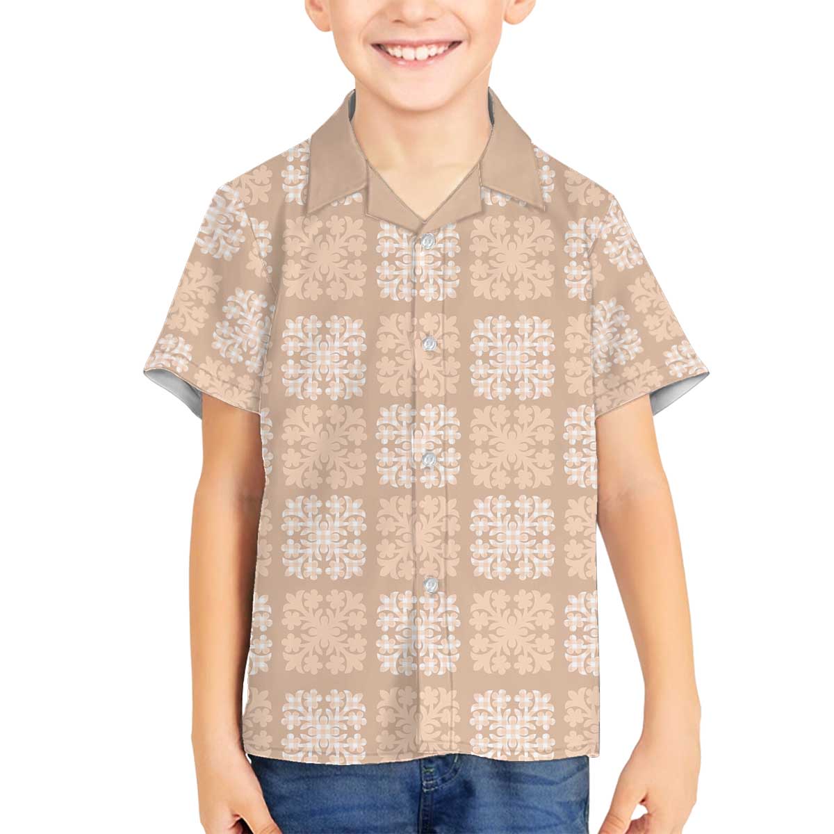 Beige Palaka Quilt Hawaii Family Matching Off The Shoulder Long Sleeve Dress and Hawaiian Shirt Traditional Hawaii-plaid Pattern LT14 Son's Shirt Beige - Polynesian Pride