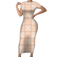 Beige Palaka Quilt Hawaii Family Matching Short Sleeve Bodycon Dress and Hawaiian Shirt Traditional Hawaii-plaid Pattern LT14 Mom's Dress Beige - Polynesian Pride