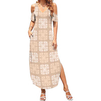 Beige Palaka Quilt Hawaii Family Matching Summer Maxi Dress and Hawaiian Shirt Traditional Hawaii-plaid Pattern LT14 Mom's Dress Beige - Polynesian Pride