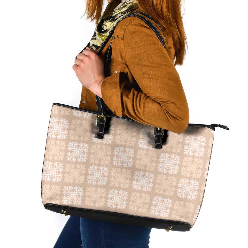 Beige Palaka Quilt Hawaii Leather Tote Bag Traditional Hawaii-plaid Pattern - Polynesian Pride