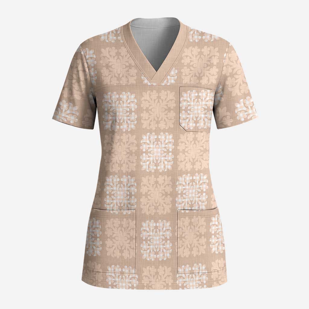 Beige Palaka Quilt Hawaii Scrub Top Traditional Hawaii-plaid Pattern - Polynesian Pride