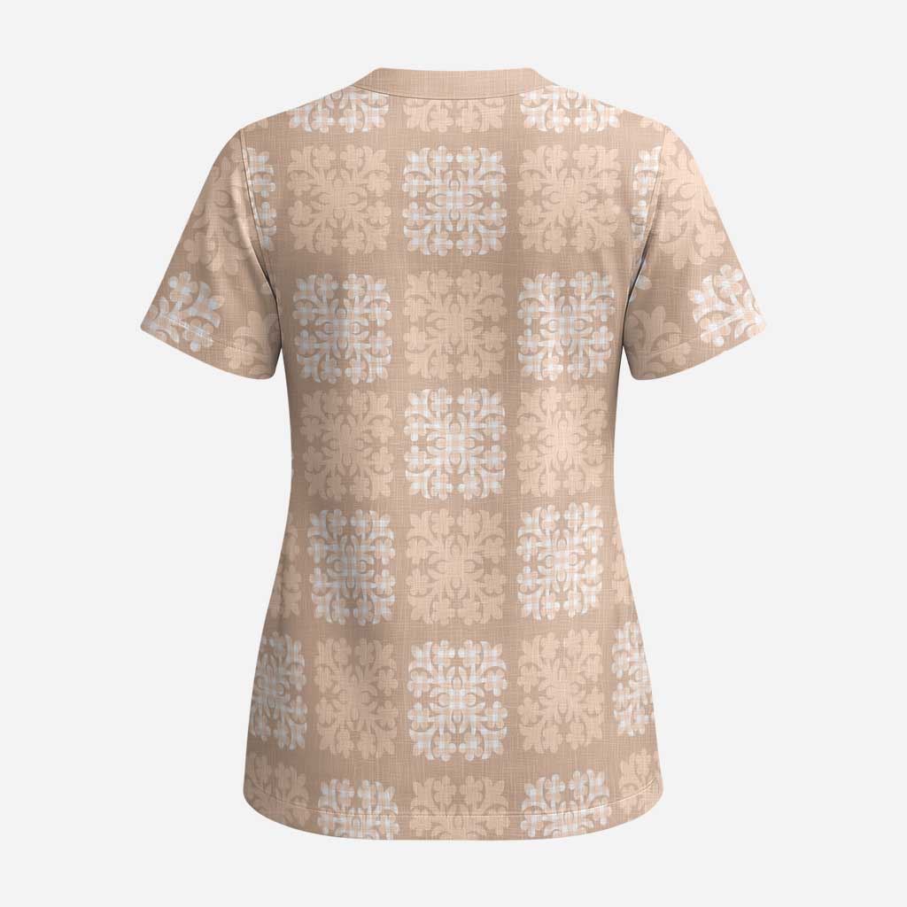 Beige Palaka Quilt Hawaii Scrub Top Traditional Hawaii-plaid Pattern - Polynesian Pride