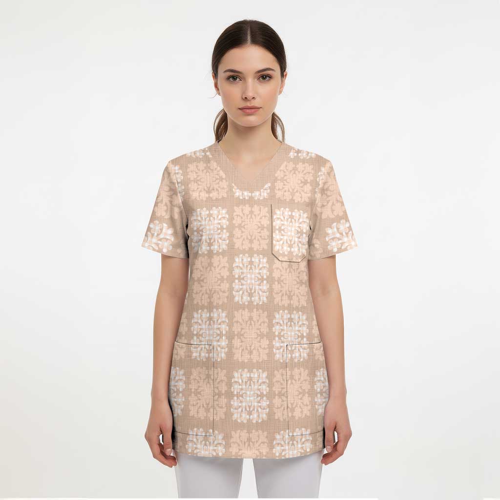 Beige Palaka Quilt Hawaii Scrub Top Traditional Hawaii-plaid Pattern - Polynesian Pride