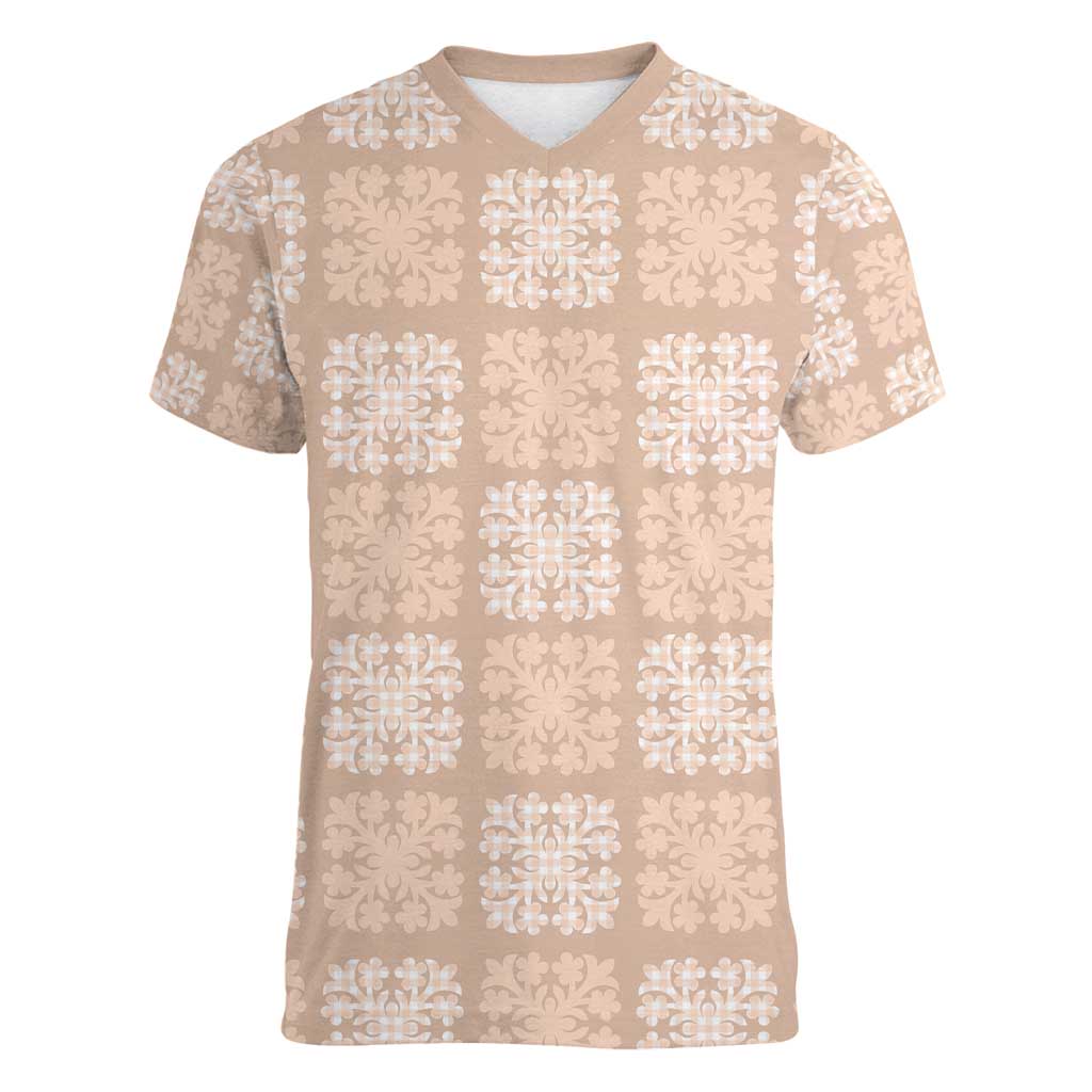 Beige Palaka Quilt Hawaii Women V-Neck T-Shirt Traditional Hawaii-plaid Pattern LT14 Female Beige - Polynesian Pride