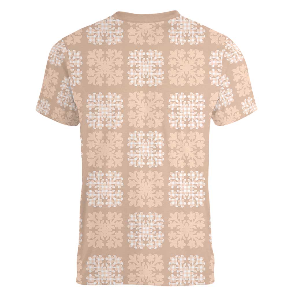 Beige Palaka Quilt Hawaii Women V-Neck T-Shirt Traditional Hawaii-plaid Pattern LT14 - Polynesian Pride