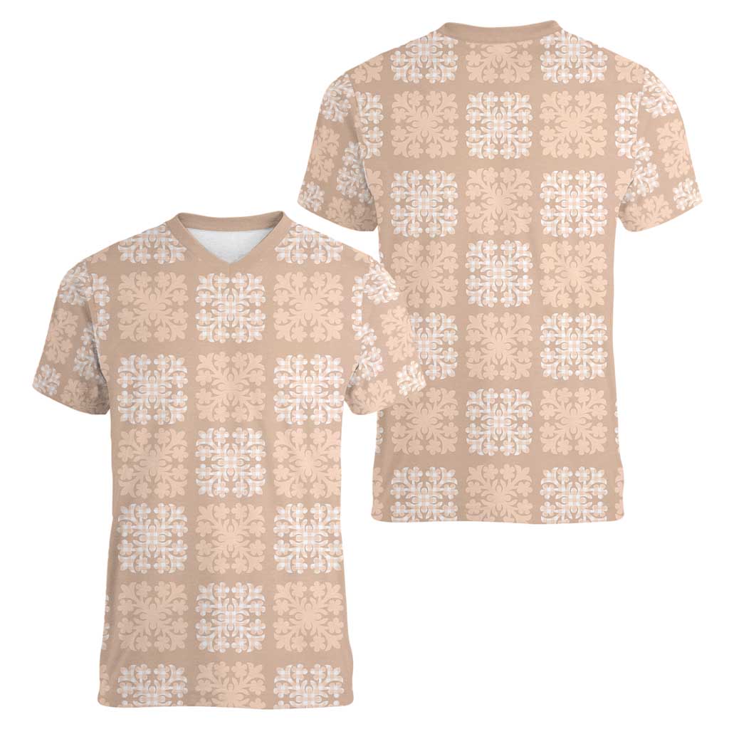 Beige Palaka Quilt Hawaii Women V-Neck T-Shirt Traditional Hawaii-plaid Pattern LT14 - Polynesian Pride