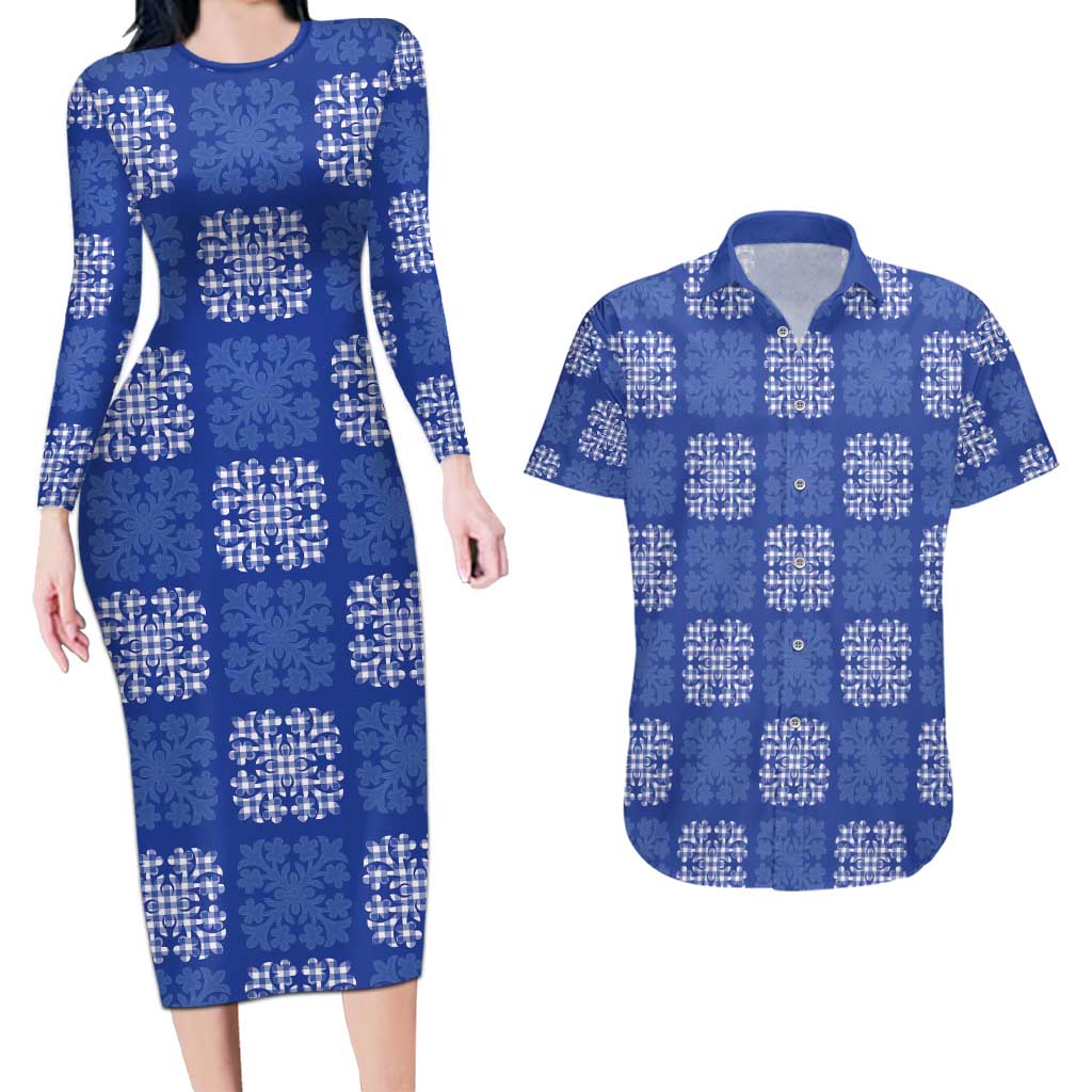 Royal Blue Palaka Quilt Hawaii Couples Matching Long Sleeve Bodycon Dress and Hawaiian Shirt Traditional Hawaii-plaid Pattern LT14 Royal Blue - Polynesian Pride