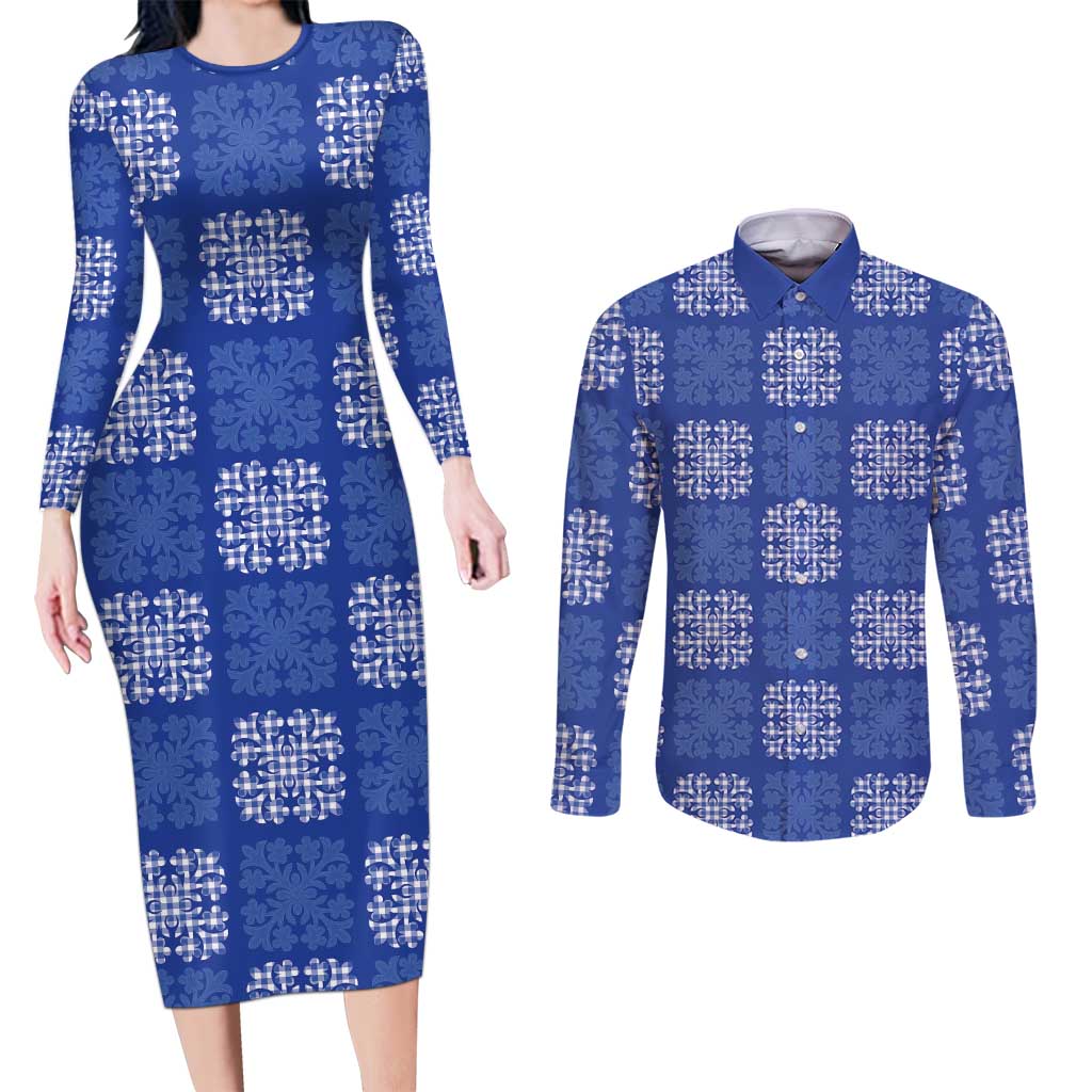 Royal Blue Palaka Quilt Hawaii Couples Matching Long Sleeve Bodycon Dress and Long Sleeve Button Shirt Traditional Hawaii-plaid Pattern LT14 Royal Blue - Polynesian Pride