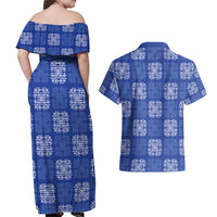 Royal Blue Palaka Quilt Hawaii Couples Matching Off Shoulder Maxi Dress and Hawaiian Shirt Traditional Hawaii-plaid Pattern LT14 - Polynesian Pride