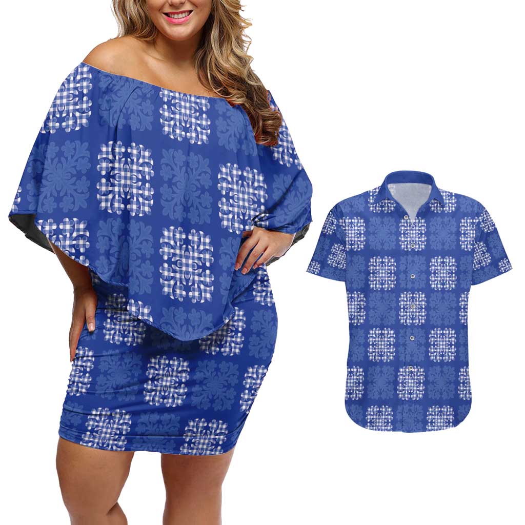 Royal Blue Palaka Quilt Hawaii Couples Matching Off Shoulder Short Dress and Hawaiian Shirt Traditional Hawaii-plaid Pattern LT14 Royal Blue - Polynesian Pride