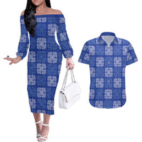 Royal Blue Palaka Quilt Hawaii Couples Matching Off The Shoulder Long Sleeve Dress and Hawaiian Shirt Traditional Hawaii-plaid Pattern LT14 Royal Blue - Polynesian Pride