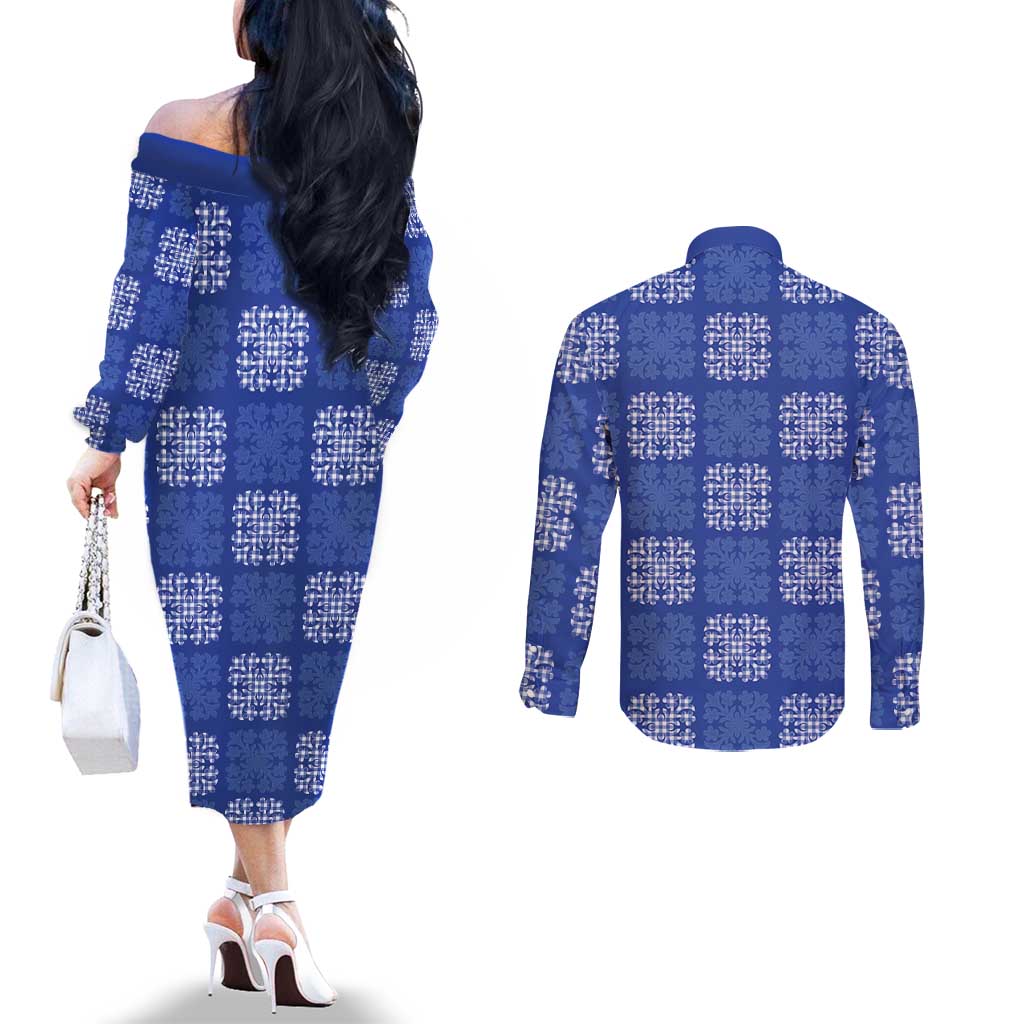 Royal Blue Palaka Quilt Hawaii Couples Matching Off The Shoulder Long Sleeve Dress and Long Sleeve Button Shirt Traditional Hawaii-plaid Pattern LT14 - Polynesian Pride