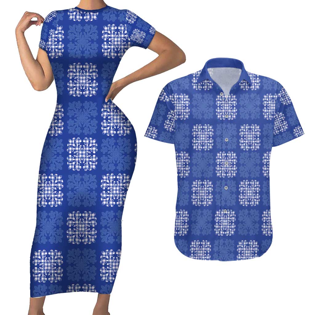 Royal Blue Palaka Quilt Hawaii Couples Matching Short Sleeve Bodycon Dress and Hawaiian Shirt Traditional Hawaii-plaid Pattern LT14 Royal Blue - Polynesian Pride