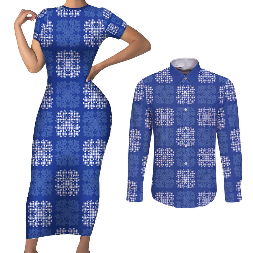 Royal Blue Palaka Quilt Hawaii Couples Matching Short Sleeve Bodycon Dress and Long Sleeve Button Shirt Traditional Hawaii-plaid Pattern LT14 Royal Blue - Polynesian Pride