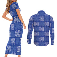 Royal Blue Palaka Quilt Hawaii Couples Matching Short Sleeve Bodycon Dress and Long Sleeve Button Shirt Traditional Hawaii-plaid Pattern LT14 - Polynesian Pride