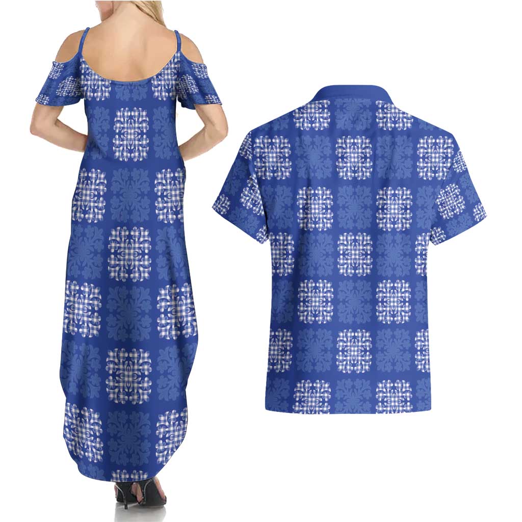 Royal Blue Palaka Quilt Hawaii Couples Matching Summer Maxi Dress and Hawaiian Shirt Traditional Hawaii-plaid Pattern LT14 - Polynesian Pride