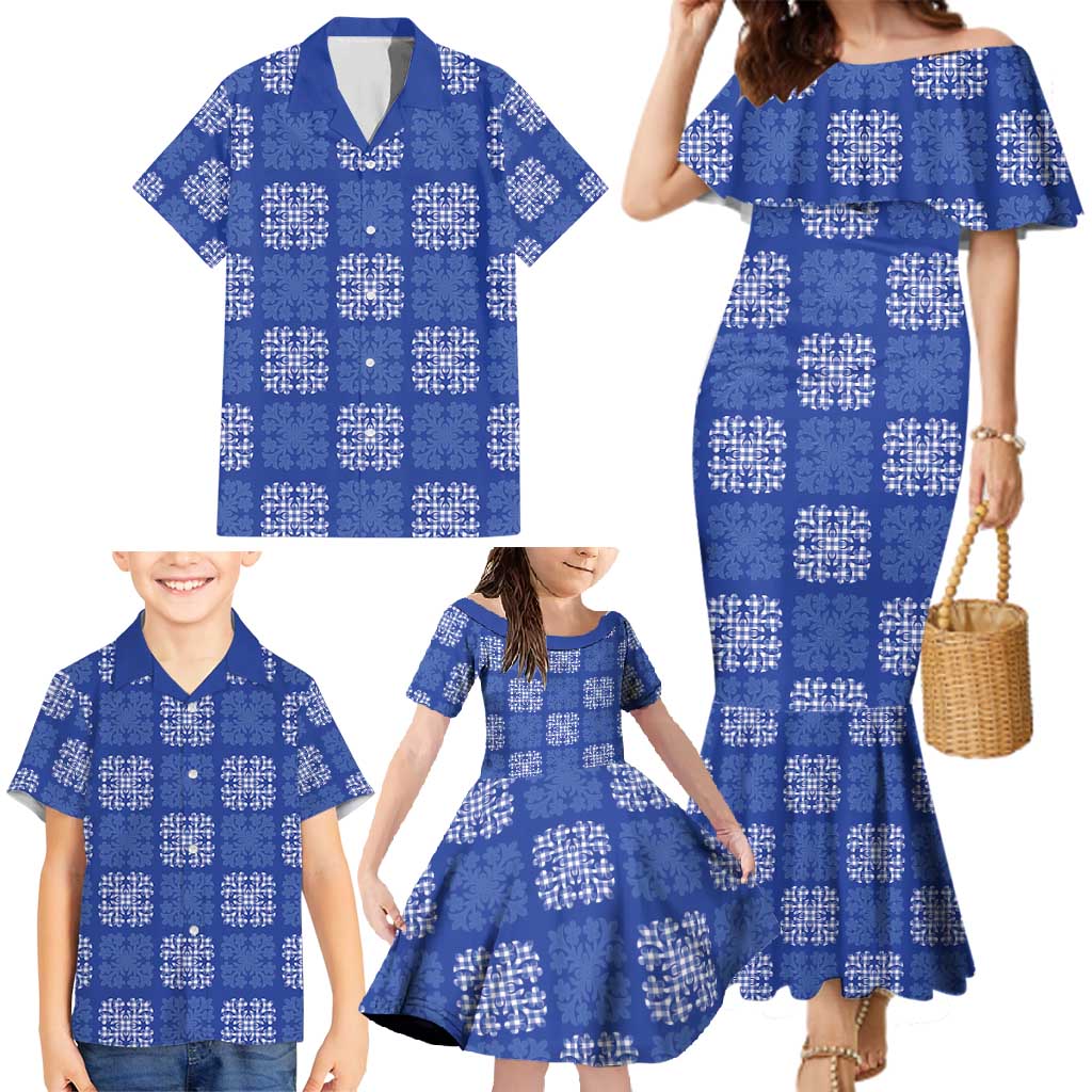 Royal Blue Palaka Quilt Hawaii Family Matching Mermaid Dress and Hawaiian Shirt Traditional Hawaii-plaid Pattern LT14 - Polynesian Pride