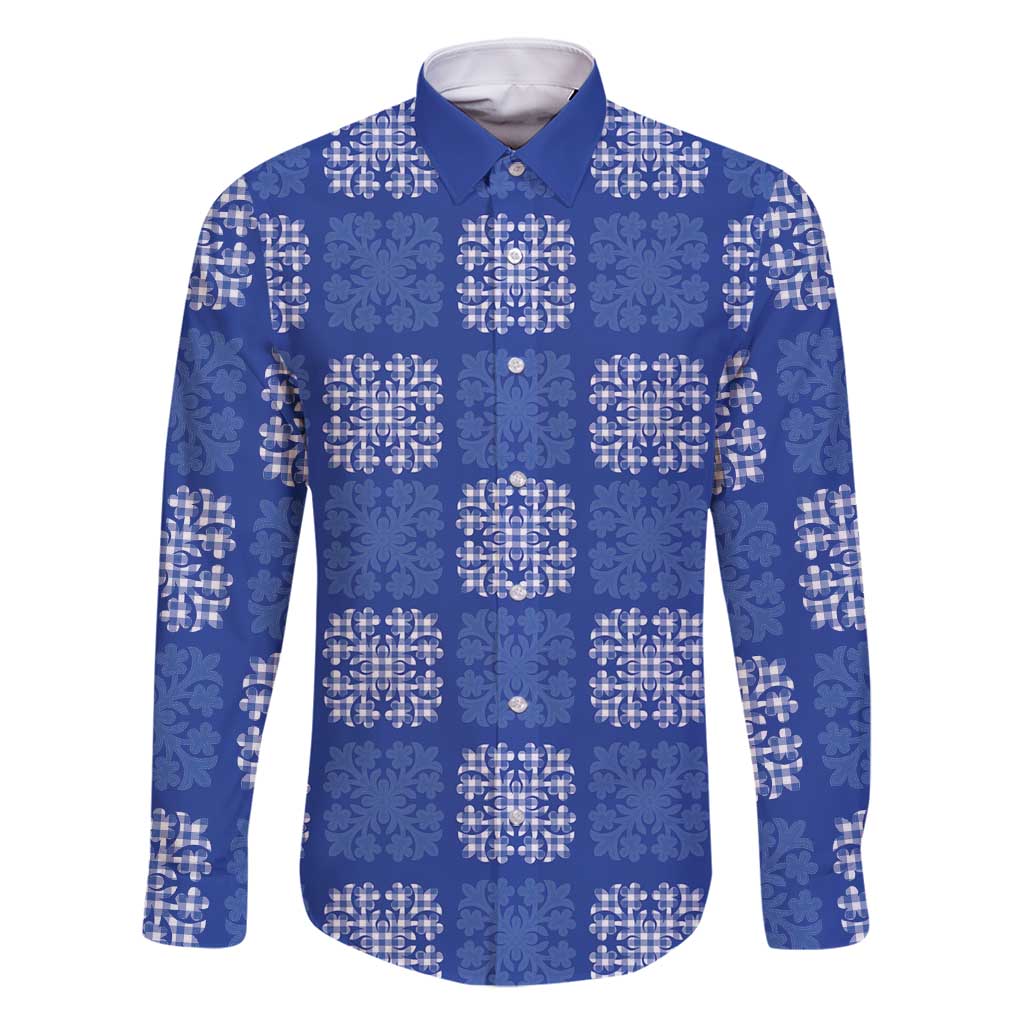 Royal Blue Palaka Quilt Hawaii Family Matching Mermaid Dress and Hawaiian Shirt Traditional Hawaii-plaid Pattern LT14 Dad's Shirt - Long Sleeve Royal Blue - Polynesian Pride