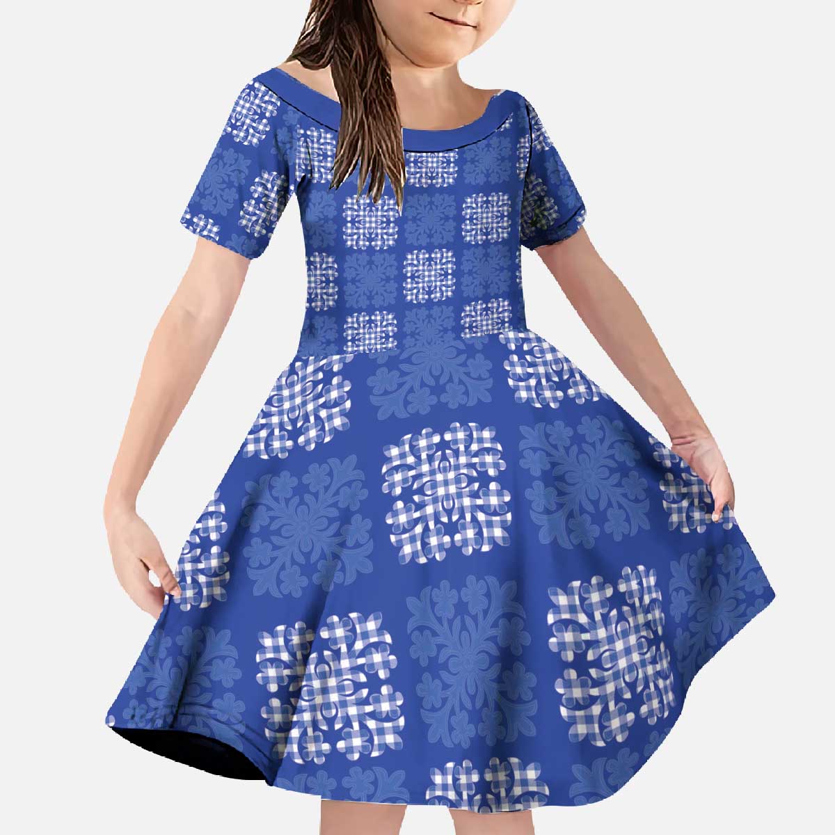 Royal Blue Palaka Quilt Hawaii Family Matching Off The Shoulder Long Sleeve Dress and Hawaiian Shirt Traditional Hawaii-plaid Pattern LT14 Daughter's Dress Royal Blue - Polynesian Pride