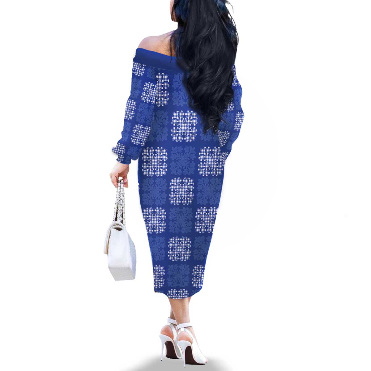Royal Blue Palaka Quilt Hawaii Family Matching Off The Shoulder Long Sleeve Dress and Hawaiian Shirt Traditional Hawaii-plaid Pattern LT14 - Polynesian Pride
